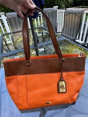 Ralph Lauren Tote Shoulder Bag Two Toned Brown Orange Pebbled Leather Purse